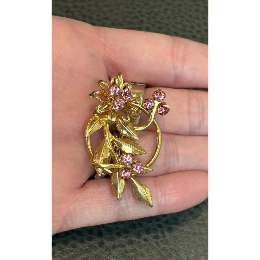 Vintage Pink Flower Round Frame Flower Brooch Pin Rhinestone Crystal Gold Tone